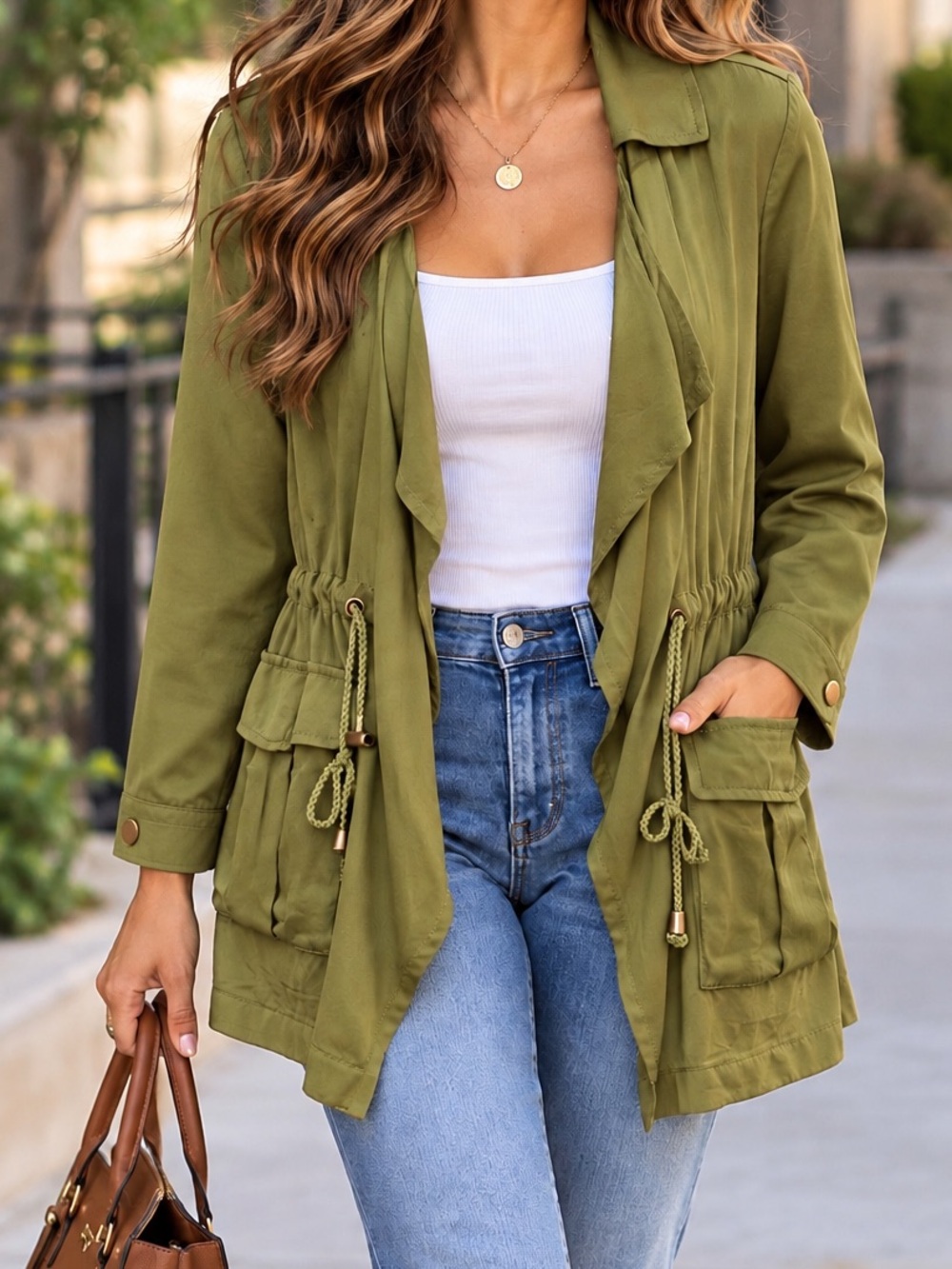 NWT Stoosh Olive Green Utility Safari Jacket Drawstring Waist S